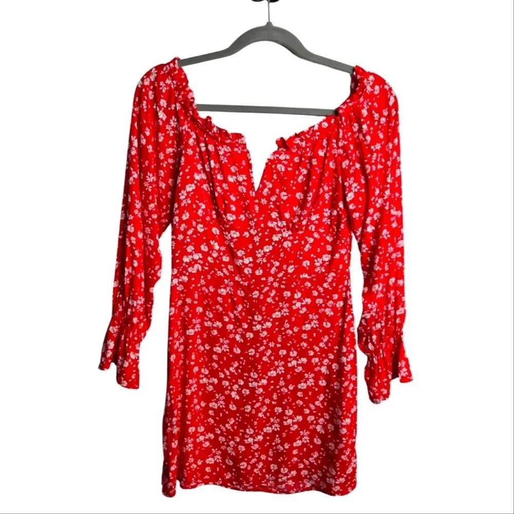 Parisian Ditsy Floral Mini Dress Bardot Off Shoulder Notch V Neck Size US 6